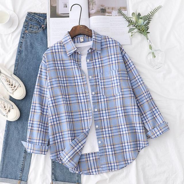 Autumn Plaid Shirts Womens Blouses And Tops Long Sleeve Loose Checked Female Clothes Outwear Winter