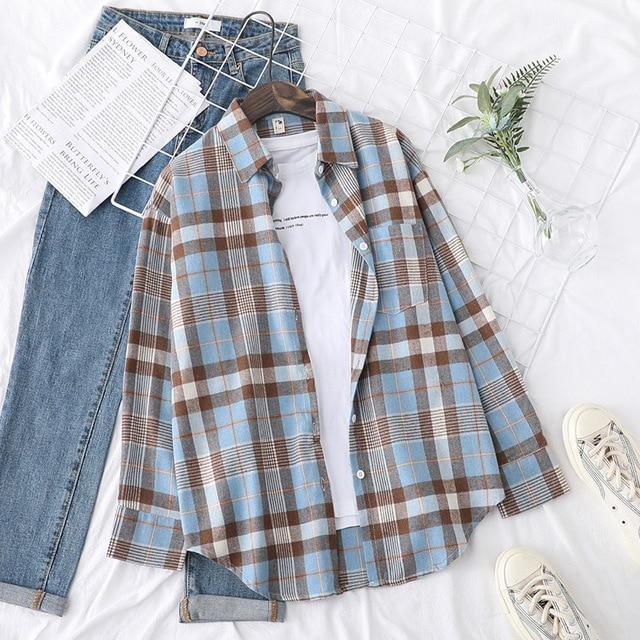 Autumn Plaid Shirts Womens Blouses And Tops Long Sleeve Loose Checked Female Clothes Outwear Winter