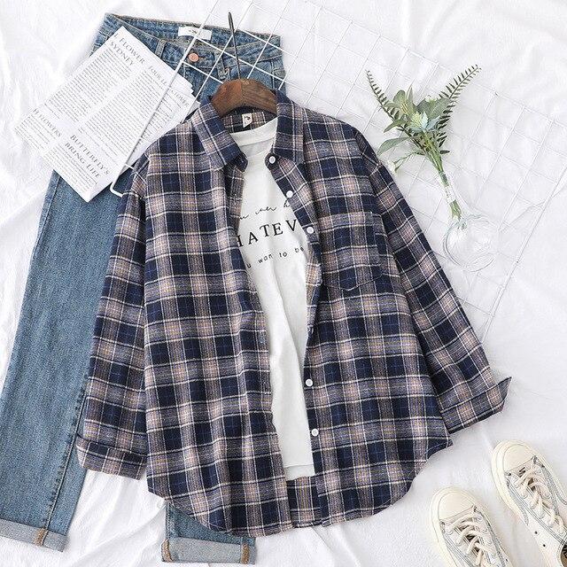 Autumn Plaid Shirts Womens Blouses And Tops Long Sleeve Loose Checked Female Clothes Outwear Winter