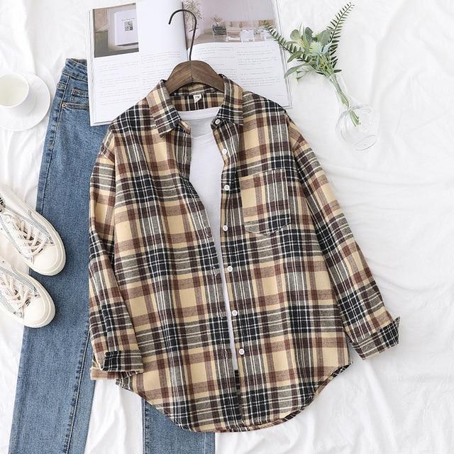Autumn Plaid Shirts Womens Blouses And Tops Long Sleeve Loose Checked Female Clothes Outwear Winter