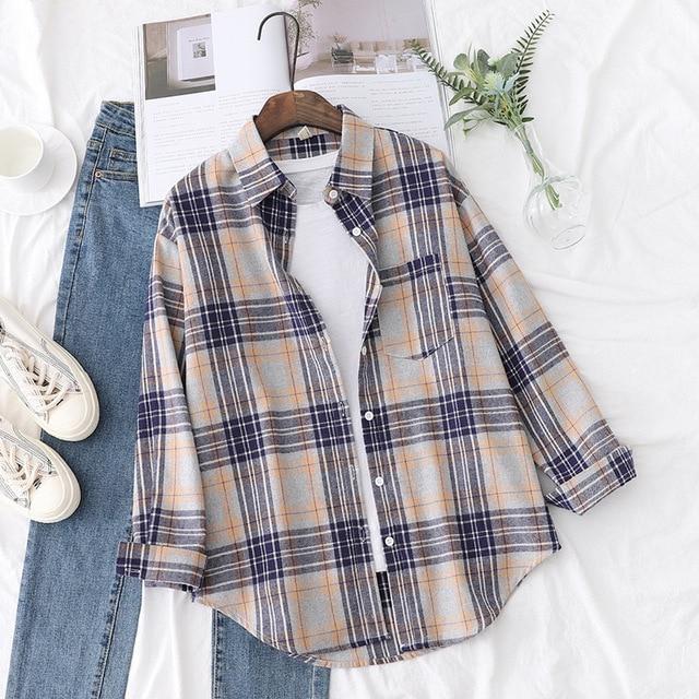 Autumn Plaid Shirts Womens Blouses And Tops Long Sleeve Loose Checked Female Clothes Outwear Winter