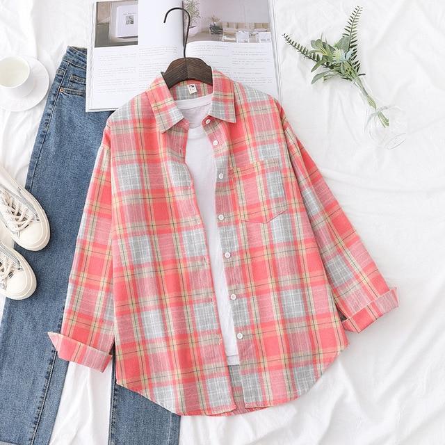 Autumn Plaid Shirts Womens Blouses And Tops Long Sleeve Loose Checked Female Clothes Outwear Winter