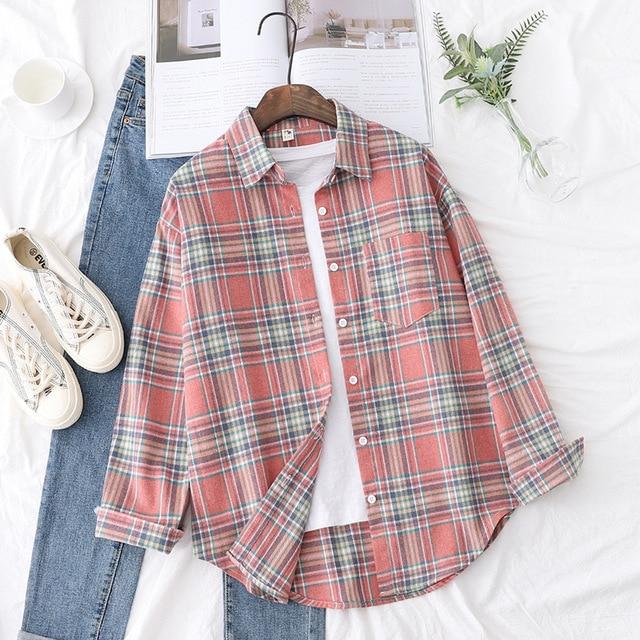 Autumn Plaid Shirts Womens Blouses And Tops Long Sleeve Loose Checked Female Clothes Outwear Winter