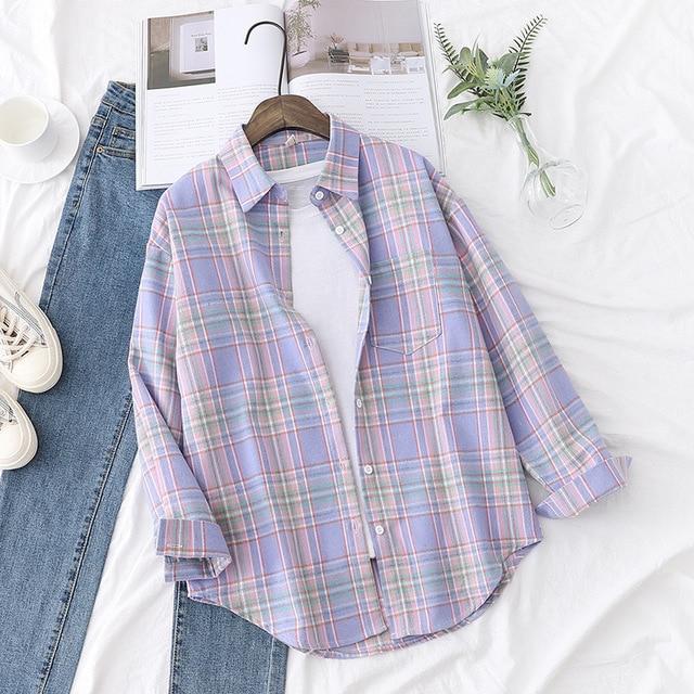 Autumn Plaid Shirts Womens Blouses And Tops Long Sleeve Loose Checked Female Clothes Outwear Winter