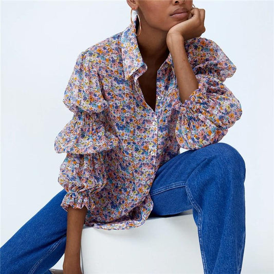 2020 Za Floral Print Shirt Women Lapel Collar Elastic Smocking Long Sleeve Top Front Button Feminine Casual Summer Long Shirts