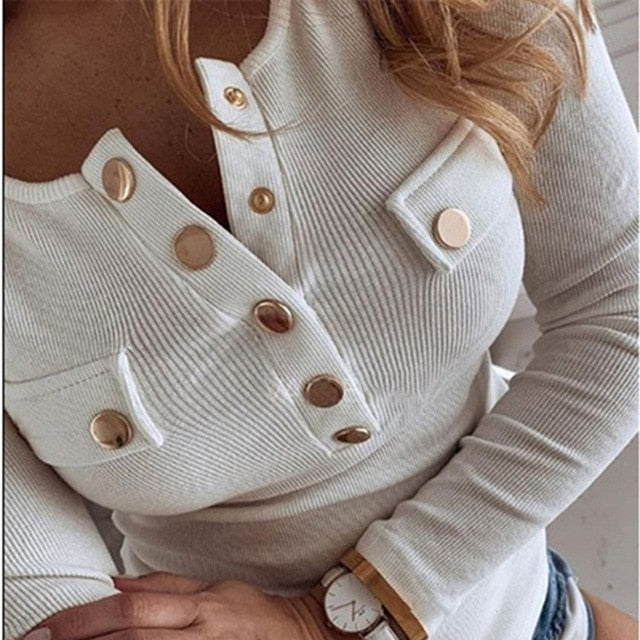 Women Sexy V-Neck Button Blouses Shirts Autumn 2020 Elegant Casual Long Sleeves Solid Tops 5XL Female Vintage Fashion Slim Blusa