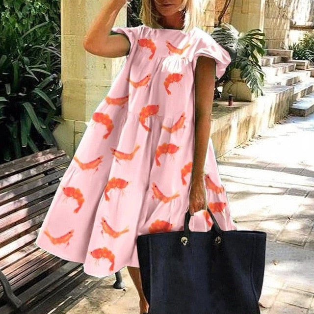 Summer Floral Leopard Print Half Sleeve Top shirt  Women Casual O Neck Loose long Top shirt Retro Elegant Female Vestidos