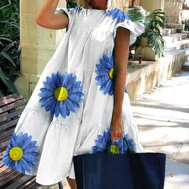 Summer Floral Leopard Print Half Sleeve Top shirt  Women Casual O Neck Loose long Top shirt Retro Elegant Female Vestidos