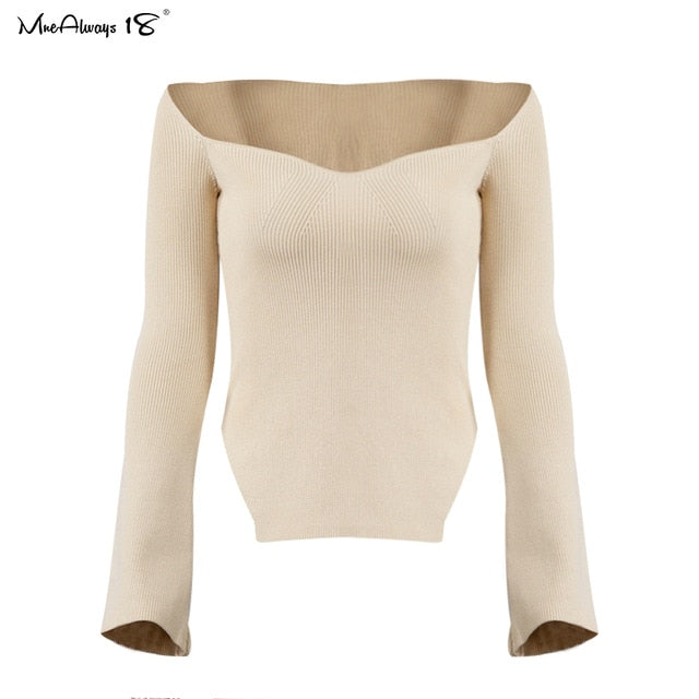 Mnealways18 Asymmetrical White Knitted Blouse  Women Sexy Long Sleeve Bodycon  Blouse Black Ladies Basic Knitwear Tops Fashion