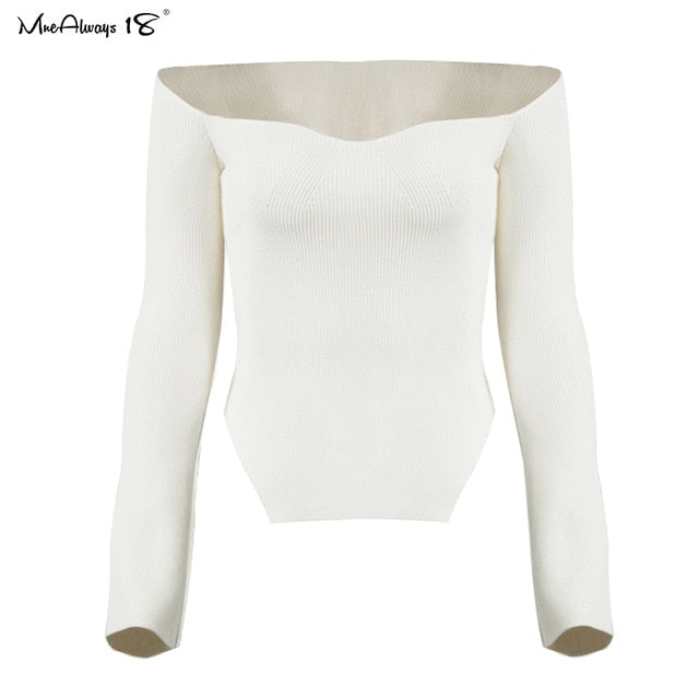 Mnealways18 Asymmetrical White Knitted Blouse  Women Sexy Long Sleeve Bodycon  Blouse Black Ladies Basic Knitwear Tops Fashion