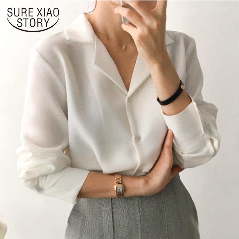 2020 Spring Long Sleeve Women Shirts Clothes Blusas Mujer Cardigan Women Blouses Vintage Solid White Chiffon Blouse Tops 9379 50