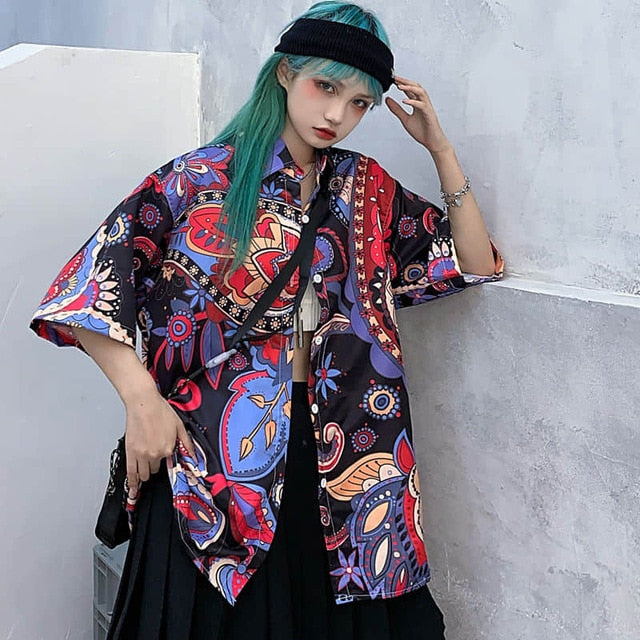 NiceMix Women blouse short Sleeve pattern Print Loose Blouses Tops Female Shirt Hip hop Ladies Casual Button Blouse Streetwear
