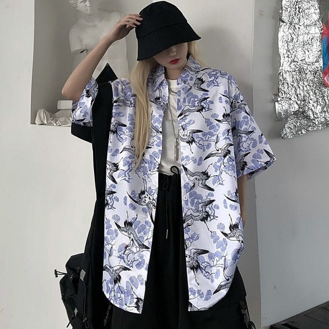 NiceMix Women blouse short Sleeve pattern Print Loose Blouses Tops Female Shirt Hip hop Ladies Casual Button Blouse Streetwear