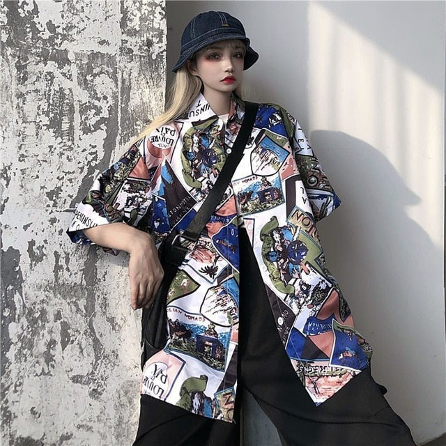 NiceMix Women blouse short Sleeve pattern Print Loose Blouses Tops Female Shirt Hip hop Ladies Casual Button Blouse Streetwear