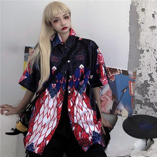 NiceMix Women blouse short Sleeve pattern Print Loose Blouses Tops Female Shirt Hip hop Ladies Casual Button Blouse Streetwear