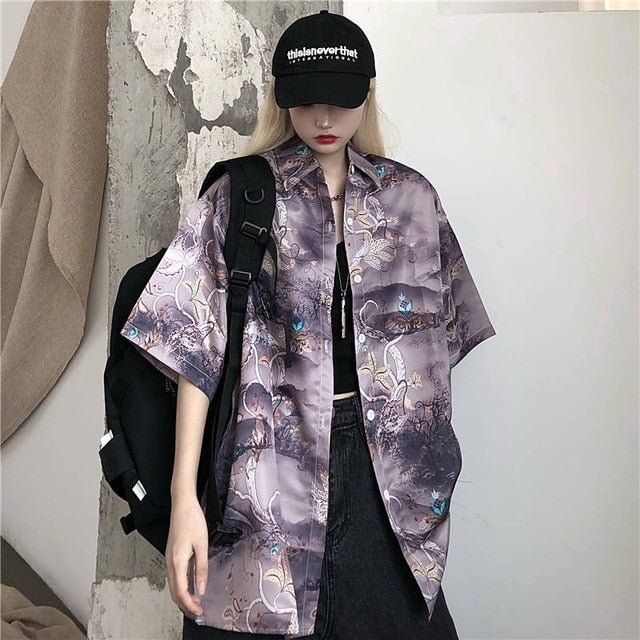 NiceMix Women blouse short Sleeve pattern Print Loose Blouses Tops Female Shirt Hip hop Ladies Casual Button Blouse Streetwear