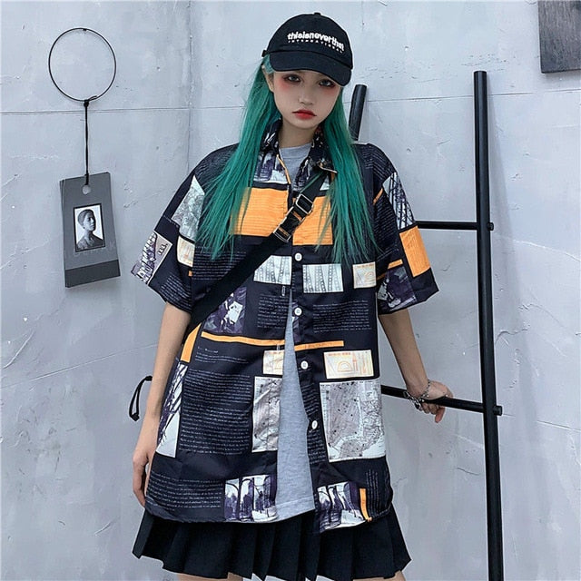 NiceMix Women blouse short Sleeve pattern Print Loose Blouses Tops Female Shirt Hip hop Ladies Casual Button Blouse Streetwear