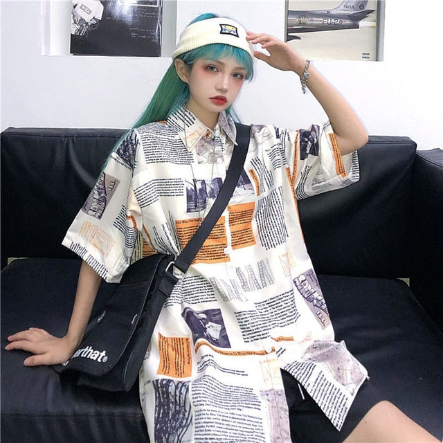 NiceMix Women blouse short Sleeve pattern Print Loose Blouses Tops Female Shirt Hip hop Ladies Casual Button Blouse Streetwear