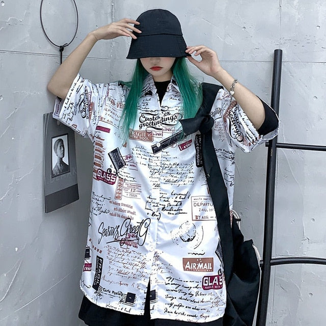 NiceMix Women blouse short Sleeve pattern Print Loose Blouses Tops Female Shirt Hip hop Ladies Casual Button Blouse Streetwear