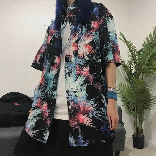NiceMix Women blouse short Sleeve pattern Print Loose Blouses Tops Female Shirt Hip hop Ladies Casual Button Blouse Streetwear