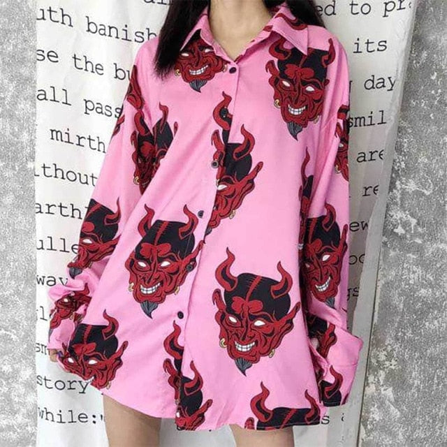 NiceMix Women blouse short Sleeve pattern Print Loose Blouses Tops Female Shirt Hip hop Ladies Casual Button Blouse Streetwear