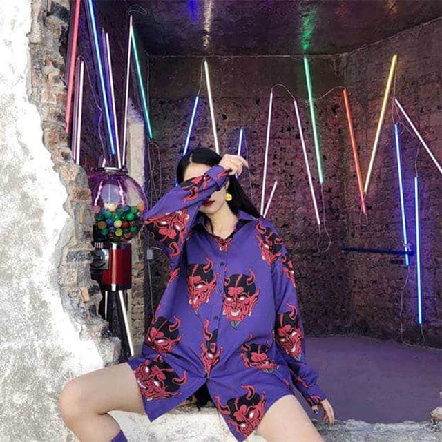 NiceMix Women blouse short Sleeve pattern Print Loose Blouses Tops Female Shirt Hip hop Ladies Casual Button Blouse Streetwear