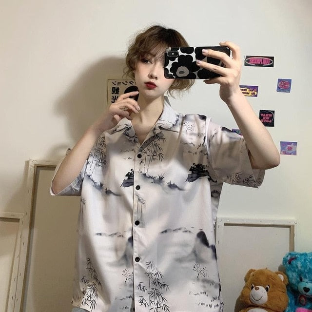 NiceMix Women blouse short Sleeve pattern Print Loose Blouses Tops Female Shirt Hip hop Ladies Casual Button Blouse Streetwear