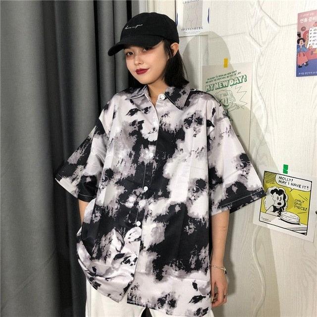 NiceMix Women blouse short Sleeve pattern Print Loose Blouses Tops Female Shirt Hip hop Ladies Casual Button Blouse Streetwear