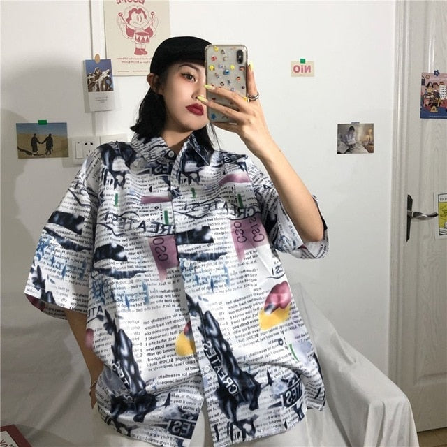 NiceMix Women blouse short Sleeve pattern Print Loose Blouses Tops Female Shirt Hip hop Ladies Casual Button Blouse Streetwear