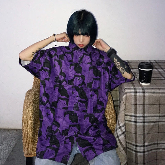 NiceMix Women blouse short Sleeve pattern Print Loose Blouses Tops Female Shirt Hip hop Ladies Casual Button Blouse Streetwear