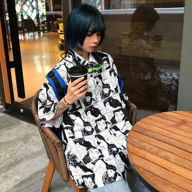 NiceMix Women blouse short Sleeve pattern Print Loose Blouses Tops Female Shirt Hip hop Ladies Casual Button Blouse Streetwear