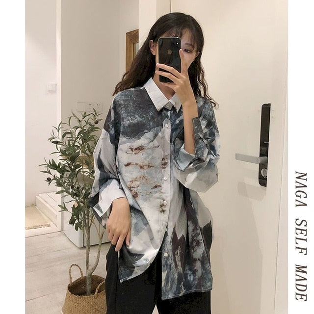 NiceMix Women blouse short Sleeve pattern Print Loose Blouses Tops Female Shirt Hip hop Ladies Casual Button Blouse Streetwear