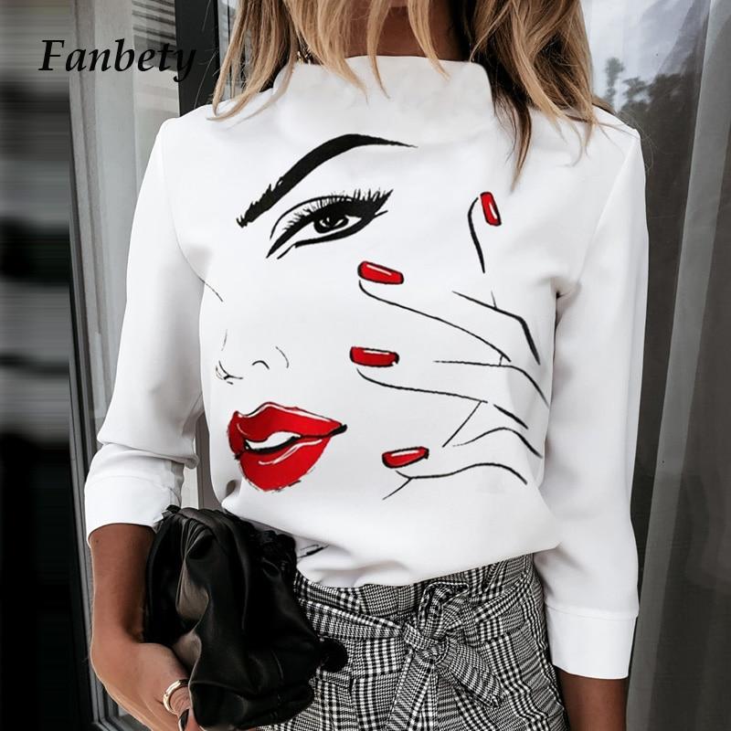 Elegant New Lips Print blouse shirts Women 2020 Autumn Fashion Stand Neck Pullovers tops Ladies Casual Long Sleeve Button Blusa