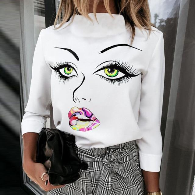 Elegant New Lips Print blouse shirts Women 2020 Autumn Fashion Stand Neck Pullovers tops Ladies Casual Long Sleeve Button Blusa