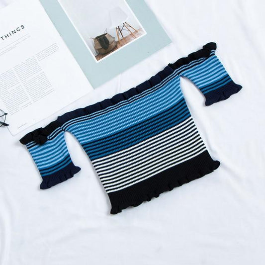 HELIAR Women Rainbow Stripes Tops Female Off Shoulder Tops Women's Clothing Ruffles Hem Tops Lady Sexy Tops For Women