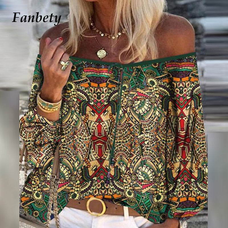 Women Sexy Lace-up Tassel Off Shoulder Blouse Shirt 2020 Autumn Elegant Floral Print Flare Long Sleeve Tops Ladies Chic Blouses