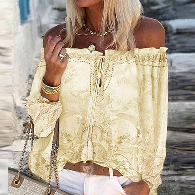 Women Sexy Lace-up Tassel Off Shoulder Blouse Shirt 2020 Autumn Elegant Floral Print Flare Long Sleeve Tops Ladies Chic Blouses