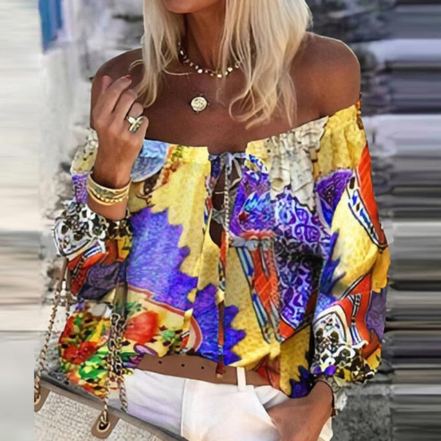 Women Sexy Lace-up Tassel Off Shoulder Blouse Shirt 2020 Autumn Elegant Floral Print Flare Long Sleeve Tops Ladies Chic Blouses