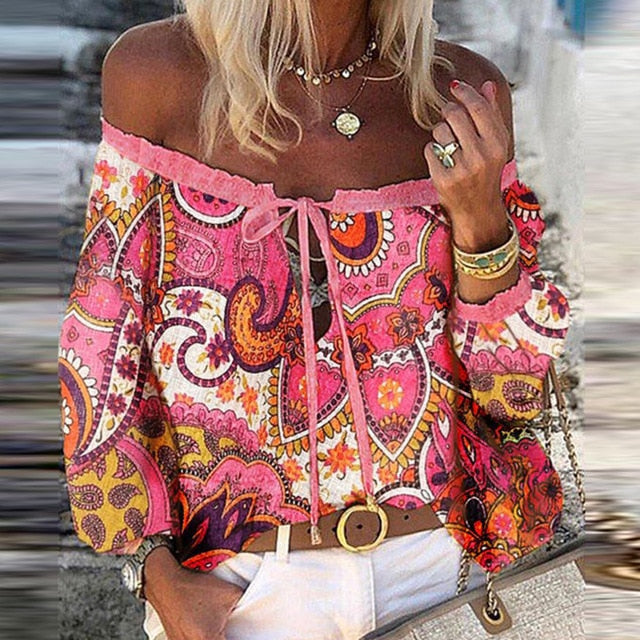 Women Sexy Lace-up Tassel Off Shoulder Blouse Shirt 2020 Autumn Elegant Floral Print Flare Long Sleeve Tops Ladies Chic Blouses