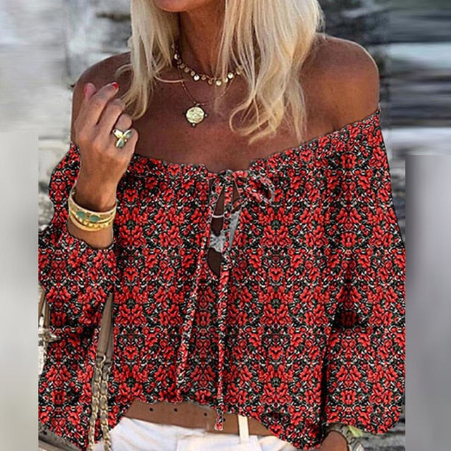 Women Sexy Lace-up Tassel Off Shoulder Blouse Shirt 2020 Autumn Elegant Floral Print Flare Long Sleeve Tops Ladies Chic Blouses
