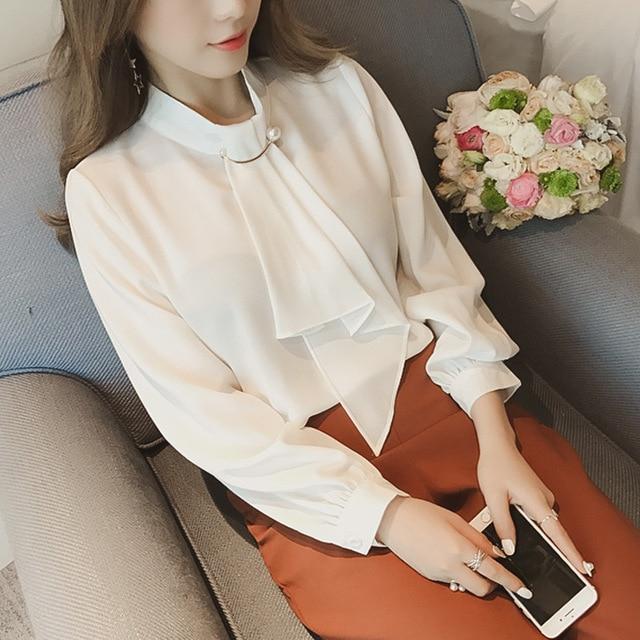 Autumn 2019 Women White Chiffon Blouse Casual Korean Slim Shirt Long Sleeve Shirt Fashion Women Streetwear Elegant Ladies Tops