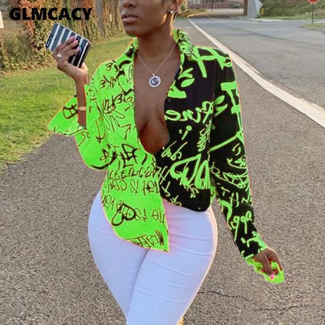 Women Plus Size Letter Printed Gradient Color Turn Down Collar Long Sleeve Blouse Spring Fall Fashion New Trends Top Shirt