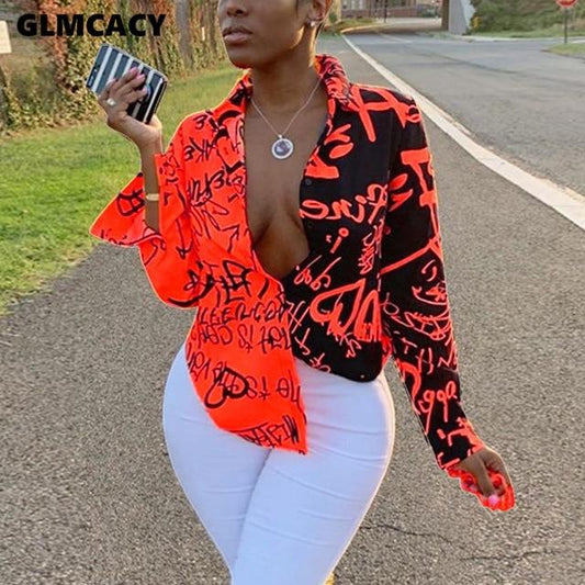 Women Plus Size Letter Printed Gradient Color Turn Down Collar Long Sleeve Blouse Spring Fall Fashion New Trends Top Shirt