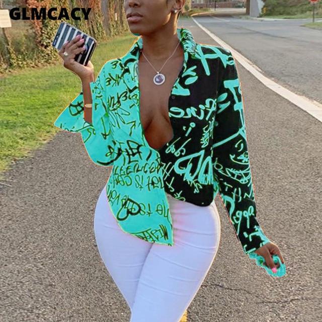 Women Plus Size Letter Printed Gradient Color Turn Down Collar Long Sleeve Blouse Spring Fall Fashion New Trends Top Shirt