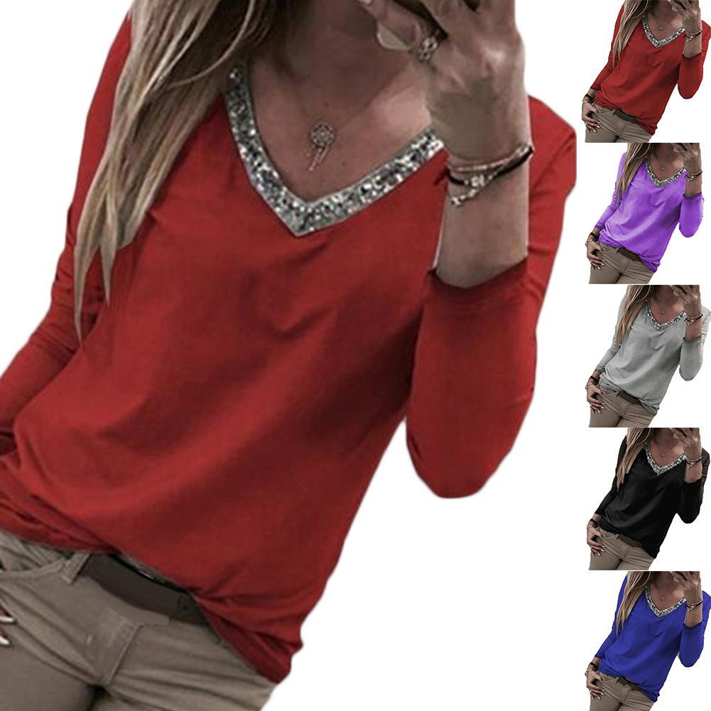 Autumn Sexy Women Casual V-Neck Sequins Loose Color Block Long Sleeve Blouse Top Cotton  Spandex Pullover Women's  Blouse S-5XL