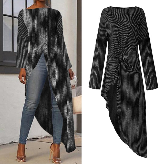 VONDA Women Asymmetrical Blouse Sexy Split Hem Striped Party Tops Long Ladies Office Shirts 2020 Women Tunic Plus Size Blusas