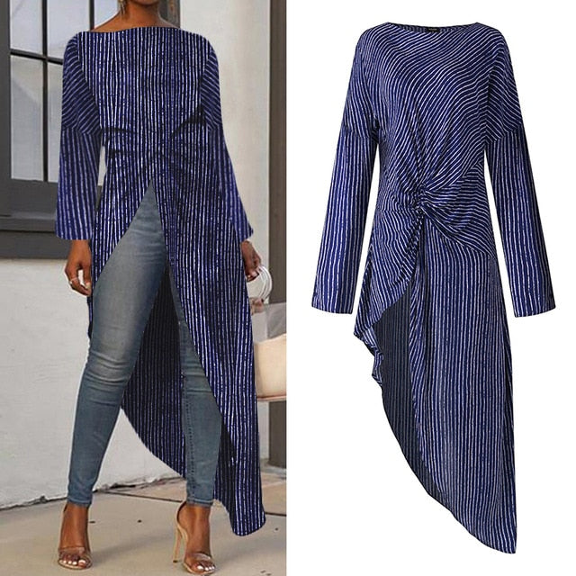 VONDA Women Asymmetrical Blouse Sexy Split Hem Striped Party Tops Long Ladies Office Shirts 2020 Women Tunic Plus Size Blusas