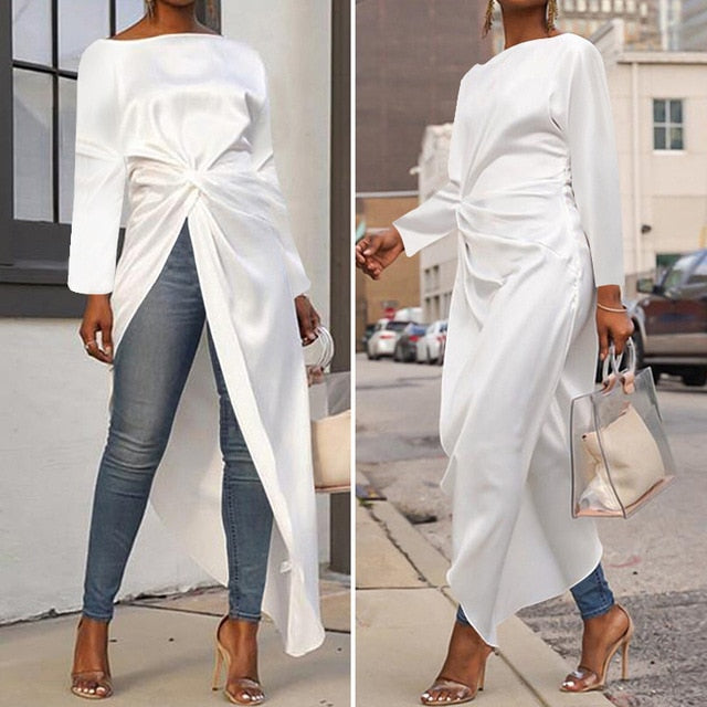 VONDA Women Asymmetrical Blouse Sexy Split Hem Striped Party Tops Long Ladies Office Shirts 2020 Women Tunic Plus Size Blusas