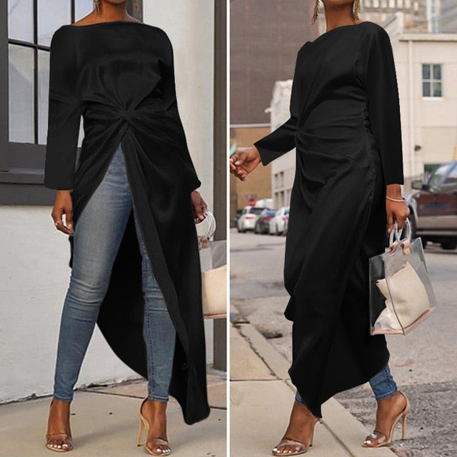 VONDA Women Asymmetrical Blouse Sexy Split Hem Striped Party Tops Long Ladies Office Shirts 2020 Women Tunic Plus Size Blusas