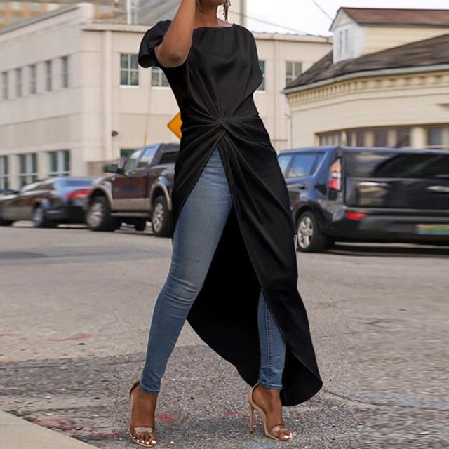 VONDA Women Asymmetrical Blouse Sexy Split Hem Striped Party Tops Long Ladies Office Shirts 2020 Women Tunic Plus Size Blusas